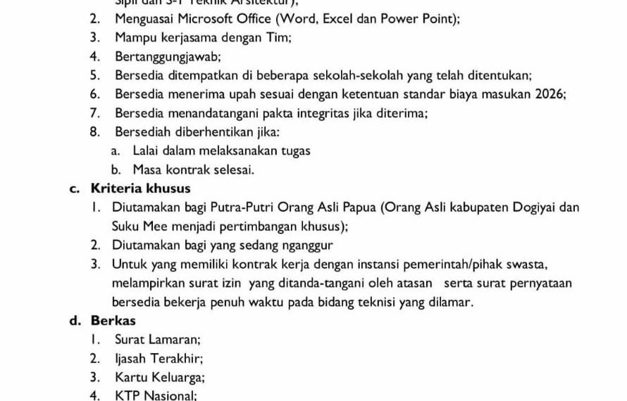 Dinas P & P Dogiyai Membuka Lowongan Pekerjaan Tenaga Teknisi Lapangan