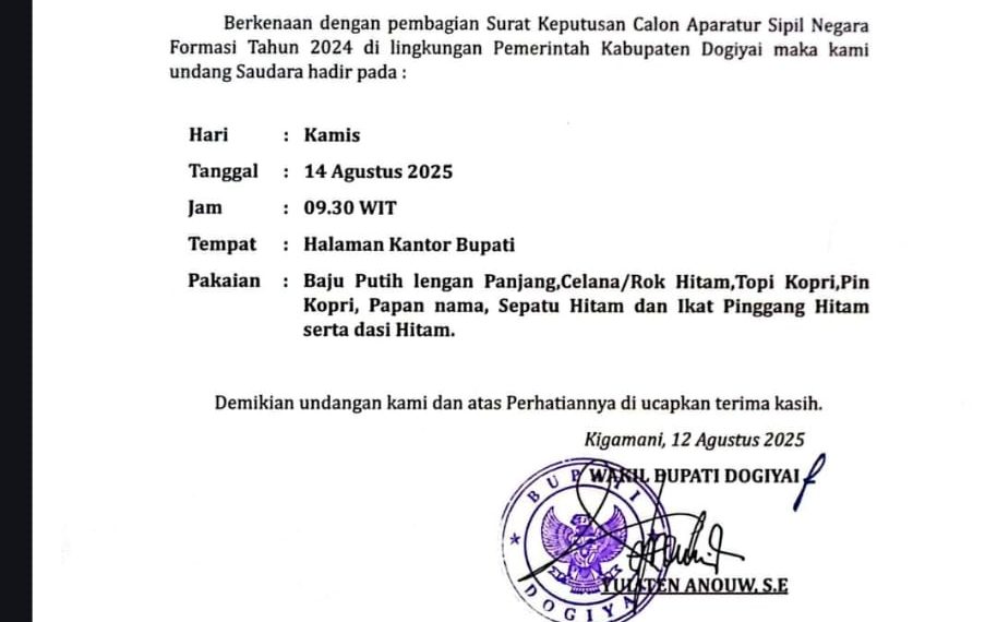 Pemkab Dogiyai Akan Bagikan SK CPNS Formasi Tahun 2024 Tanggal 14 Agustus